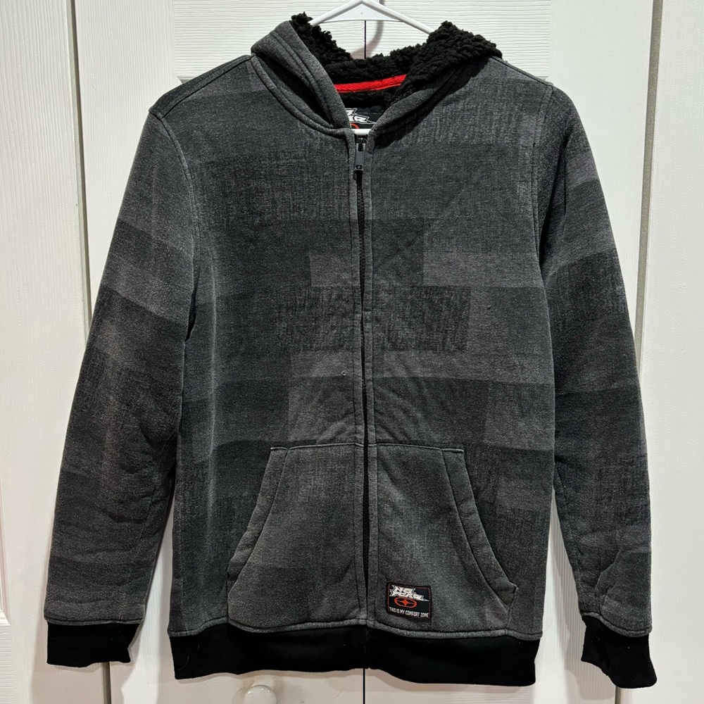 NO FEAR Boy’s Warm Fuzzy Striped Zip Up Hoodie Jacket - gray & black, size L